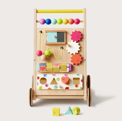 Tiny Land Premium Natural Wooden Activity Walker with colorful bead bar on natural wood on Tampa Home & Garden Store