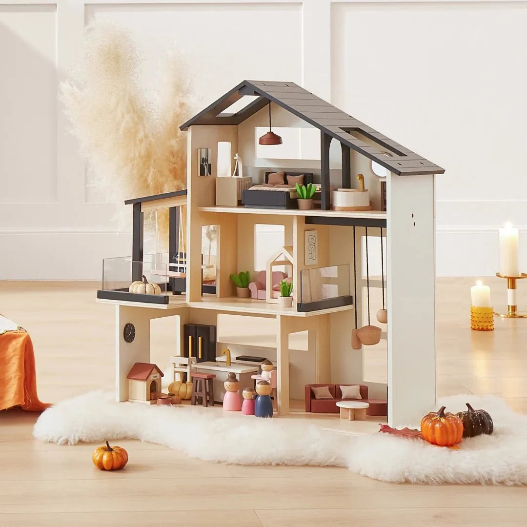 Tiny Land® Sweetwood Edge Dollhouse wooden multi-level with black roof and mini furniture on Tampa Home & Garden Store