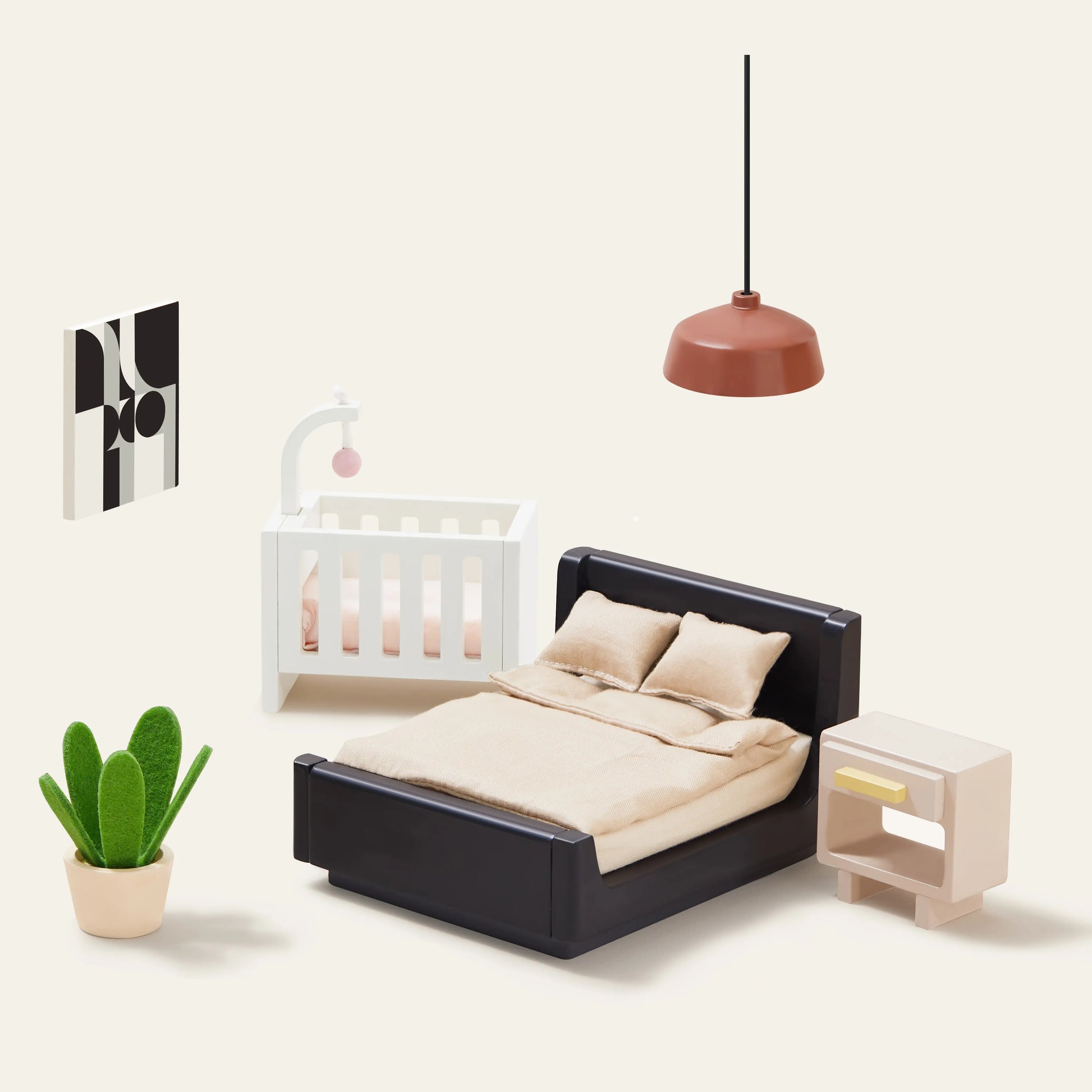 Tiny Land INC Sweetwood Edge Dollhouse white crib with pink bedding, black bed frame on Tampa Home & Garden Store