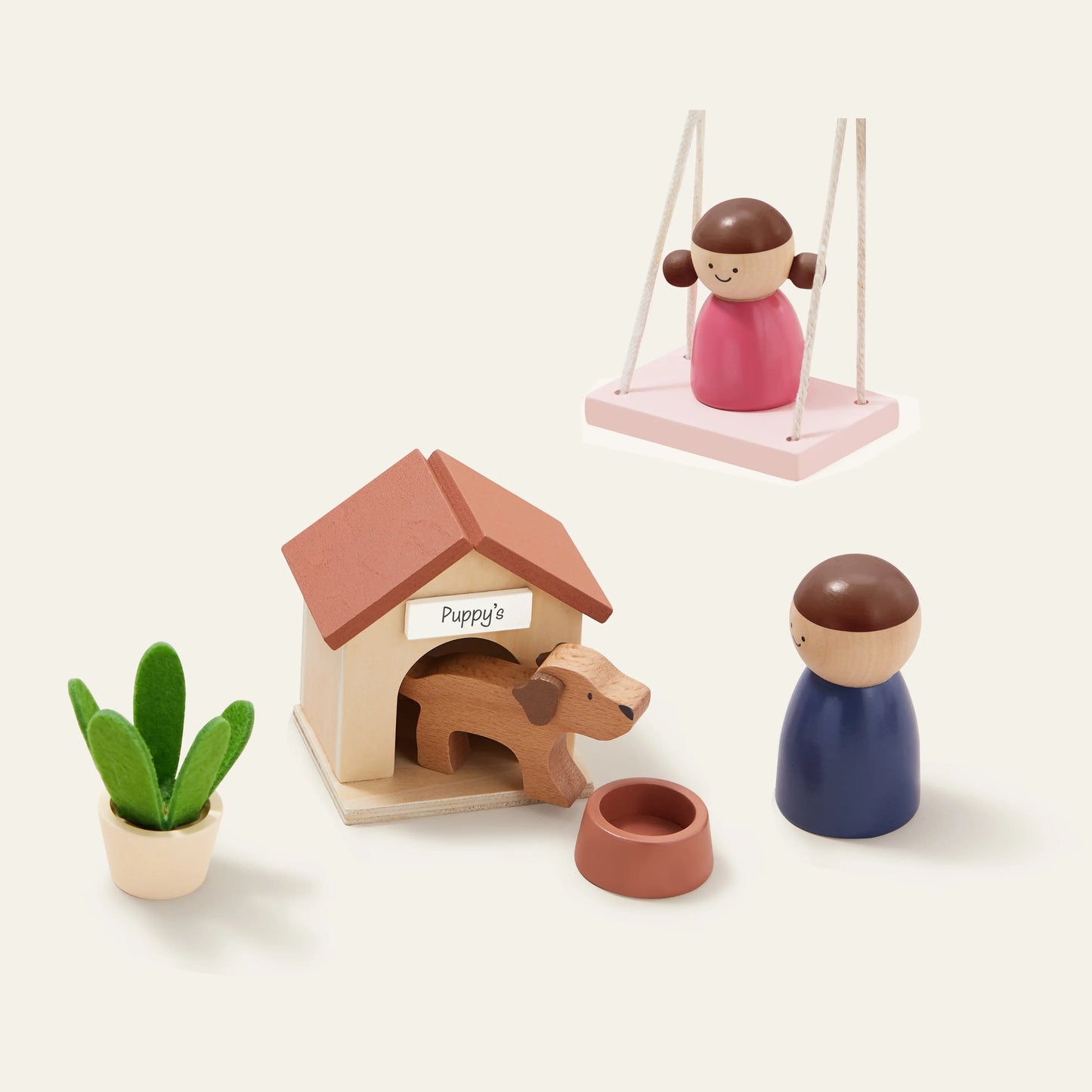 Tiny Land® Sweetwood Edge Dollhouse with wooden figure on pink swing, dog figure and doghouse on Tampa Home & Garden Store