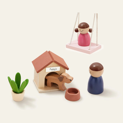 Tiny Land® Sweetwood Edge Dollhouse with wooden figure on pink swing, dog figure and doghouse on Tampa Home & Garden Store
