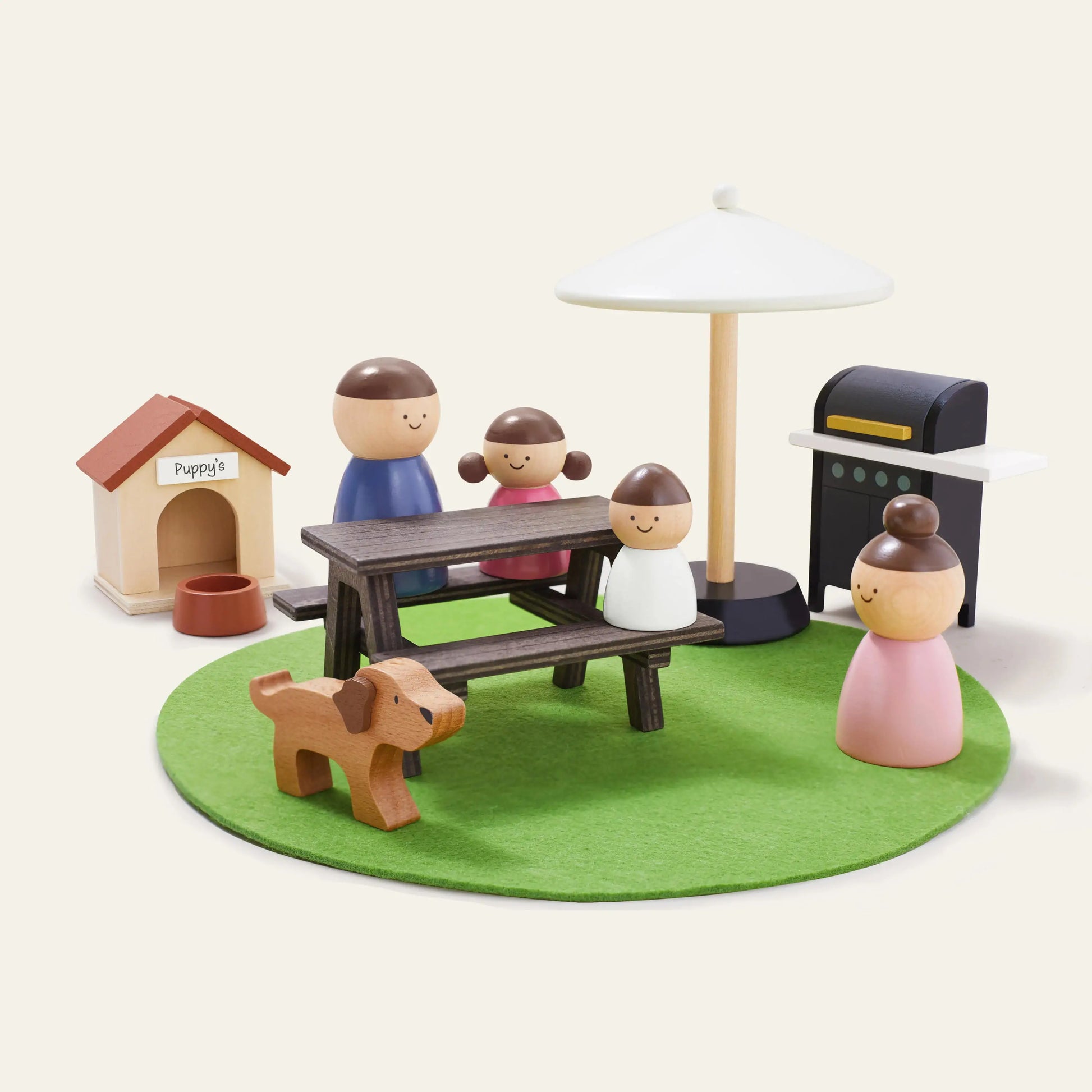 Tiny Land Sweetwood Edge Dollhouse set with wooden figures, dog and umbrella on green rug on Tampa Home & Garden Store