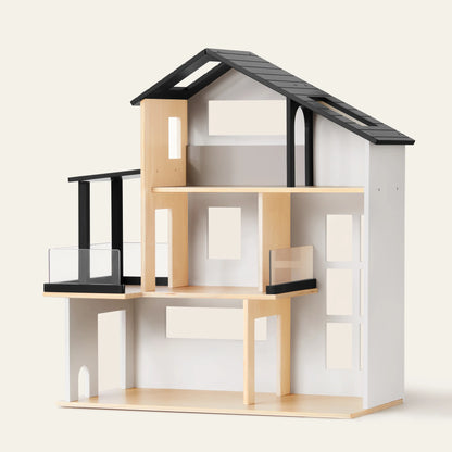 Tiny Land Sweetwood Edge Dollhouse with black roof and natural wood frame on Tampa Home & Garden Store