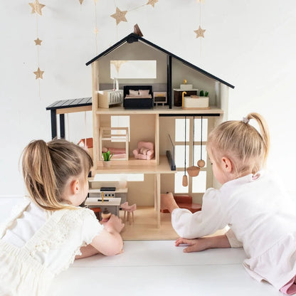 Tiny Land Sweetwood Edge Dollhouse with multi-room interior and miniature furniture; children playing on Tampa Home & Garden Store