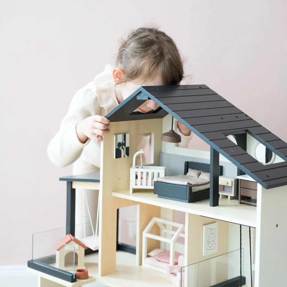 Tiny Land Sweetwood Edge Dollhouse by Tiny Land INC, wooden multilevel dollhouse with gray roof on Tampa Home & Garden Store