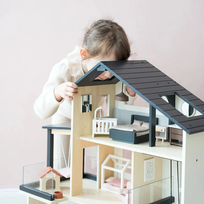 Tiny Land Sweetwood Edge Dollhouse by Tiny Land INC, wooden multilevel dollhouse with gray roof on Tampa Home & Garden Store