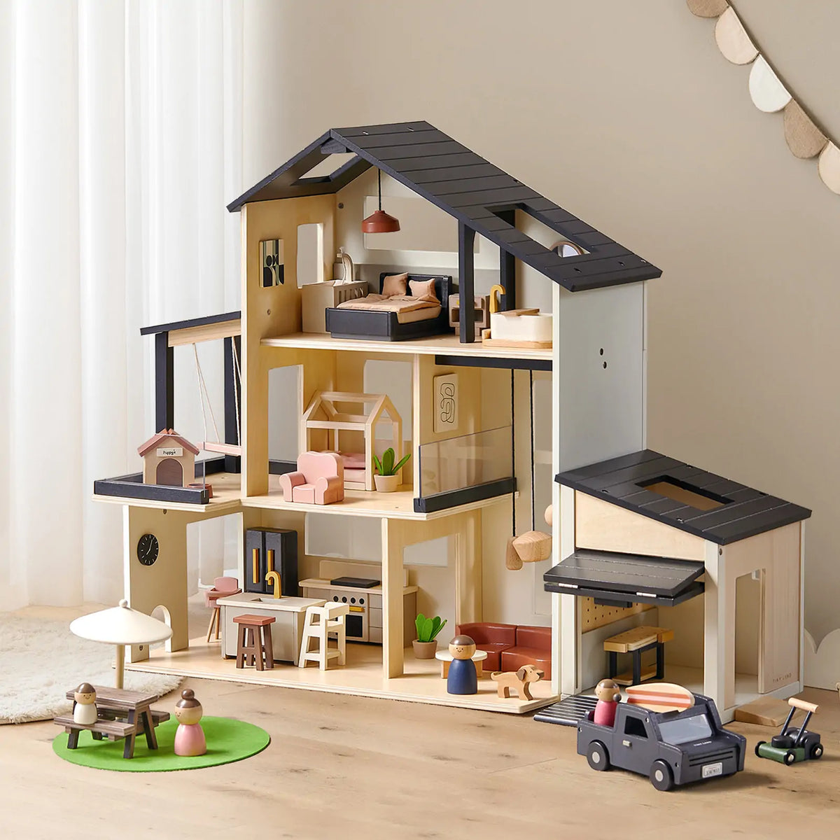 Dollhouse gift set with black roof, garage and extra dolls by Tiny Land INC on Tampa Home & Garden Store