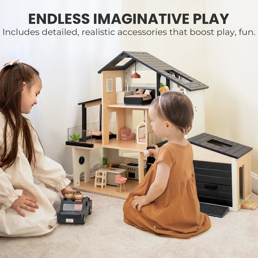 Tiny Land Sweetwood Edge wooden dollhouse with garage, natural wood and gray roof; kids at play on Tampa Home & Garden Store