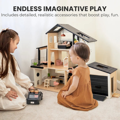 Dollhouse with black roof and garage, Tiny Land INC Sweet Family Gift Set with extra dolls on Tampa Home & Garden Store
