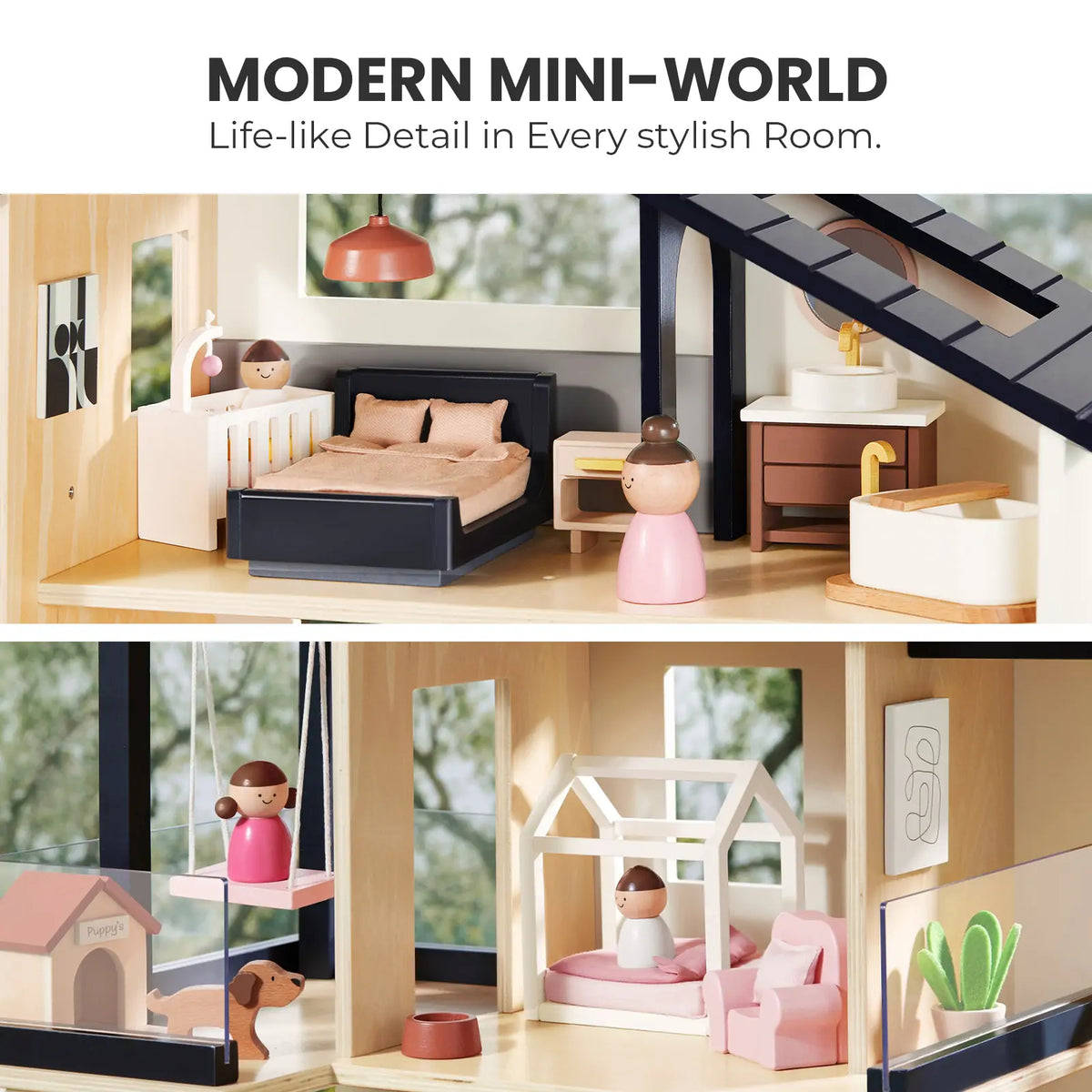 Dollhouse set with black dollhouse and garage, extra Tiny Land INC dolls and modern furniture on Tampa Home & Garden Store