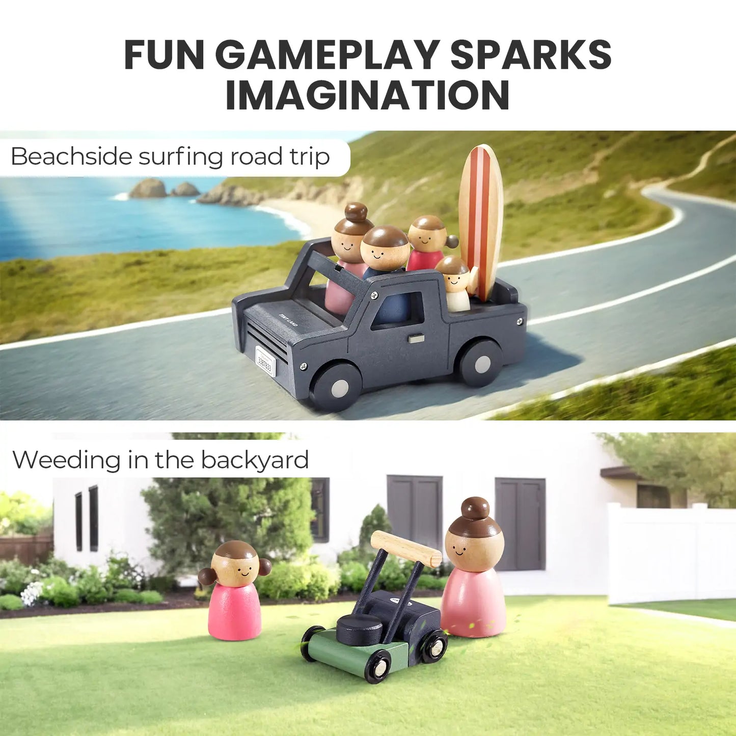 Dollhouse wooden grey vehicle with smiling figures and a striped surfboard in back on Tampa Home & Garden Store