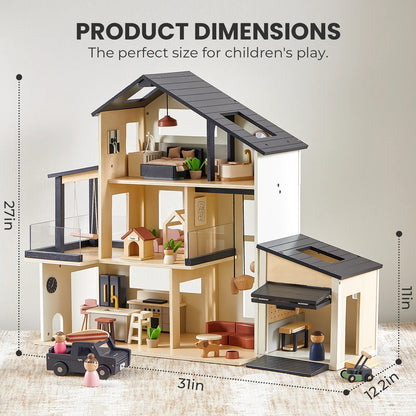 Tiny Land Sweetwood Edge Dollhouse & Wooden Garage, multi-level playset with dark gray roof on Tampa Home & Garden Store