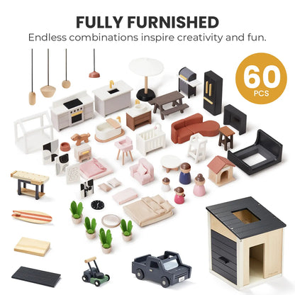 Dollhouse 60-piece set by Tiny Land INC with kitchen, living room and bedroom furniture and dolls on Tampa Home & Garden Store