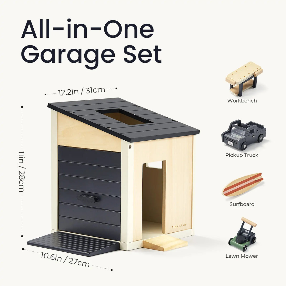 Tiny Land INC All-in-One Garage Set wooden dollhouse accessory with black roof on Tampa Home & Garden Store