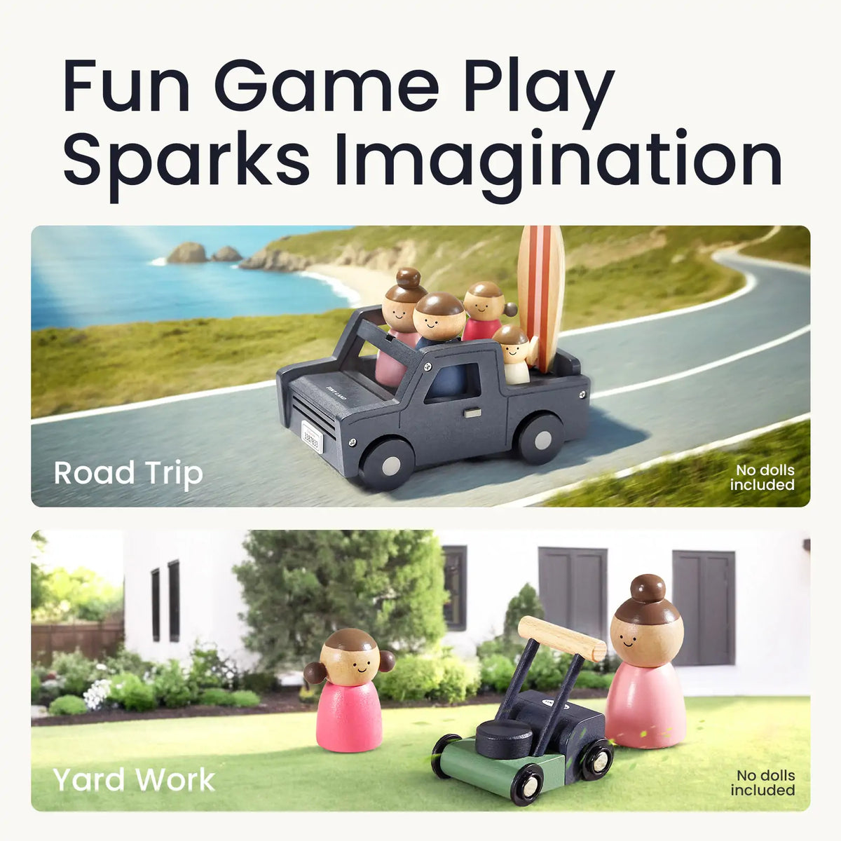 Tiny Land wooden dollhouse garage playset with a gray pickup and wooden dolls and surfboard on Tampa Home & Garden Store