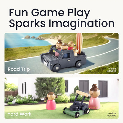 Tiny Land wooden dollhouse garage playset with a gray pickup and wooden dolls and surfboard on Tampa Home & Garden Store