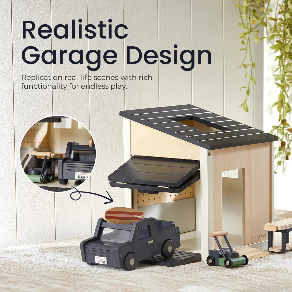 Tiny Land wooden dollhouse garage with black roof slats and miniature vehicles on Tampa Home & Garden Store