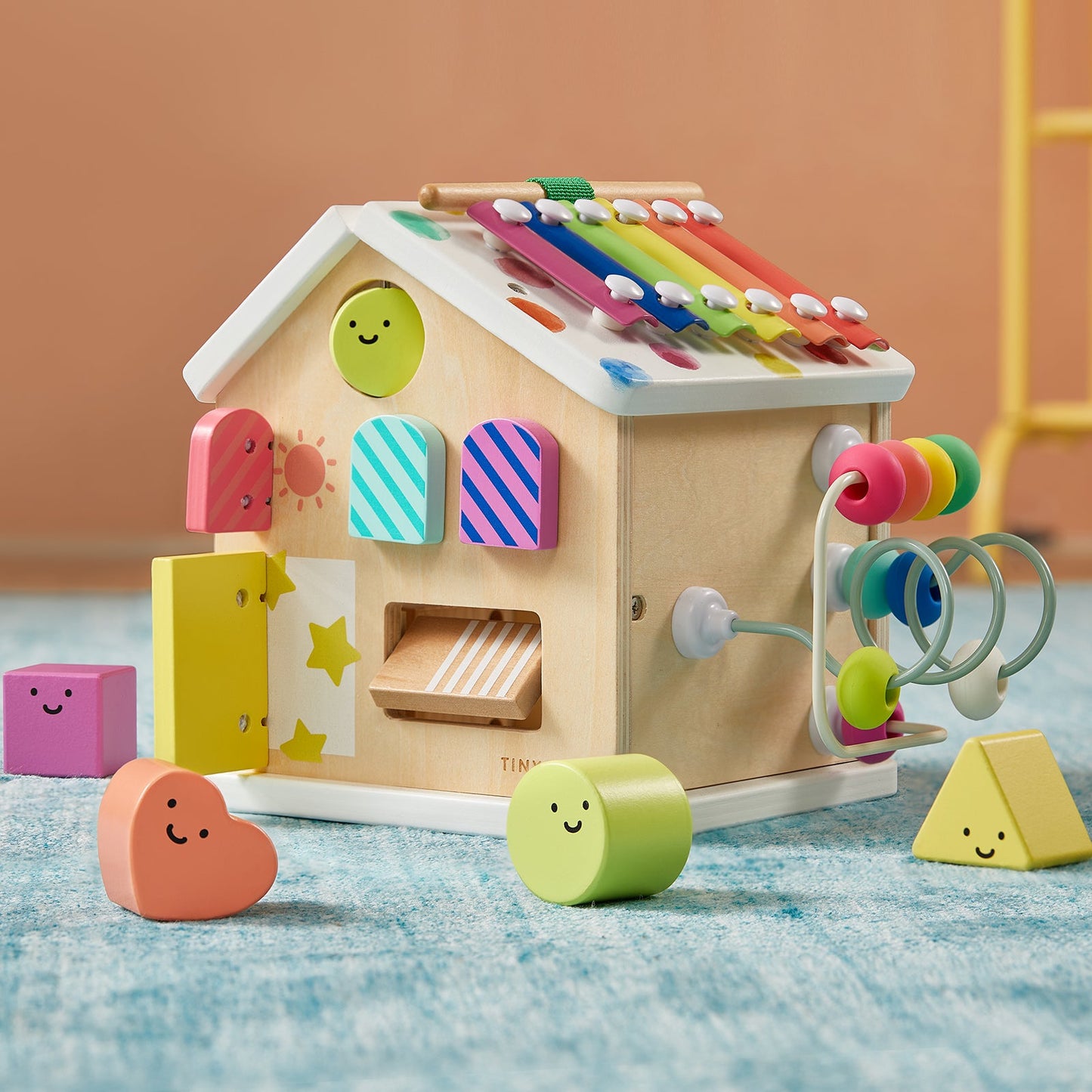 Tiny Land Cottage Activity Cube Rainbow wooden baby activity toy with rainbow xylophone top on Tampa Home & Garden Store