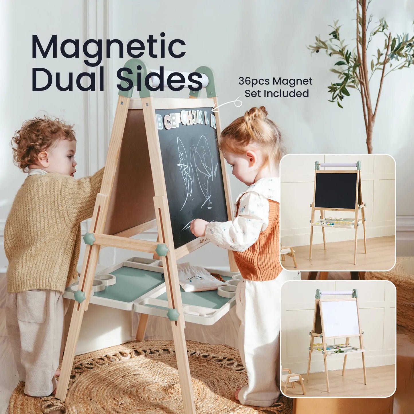 Tiny Land Pink Magnitales Kids Easel with magnetic dual sides and paper roll wooden frame on Tampa Home & Garden Store