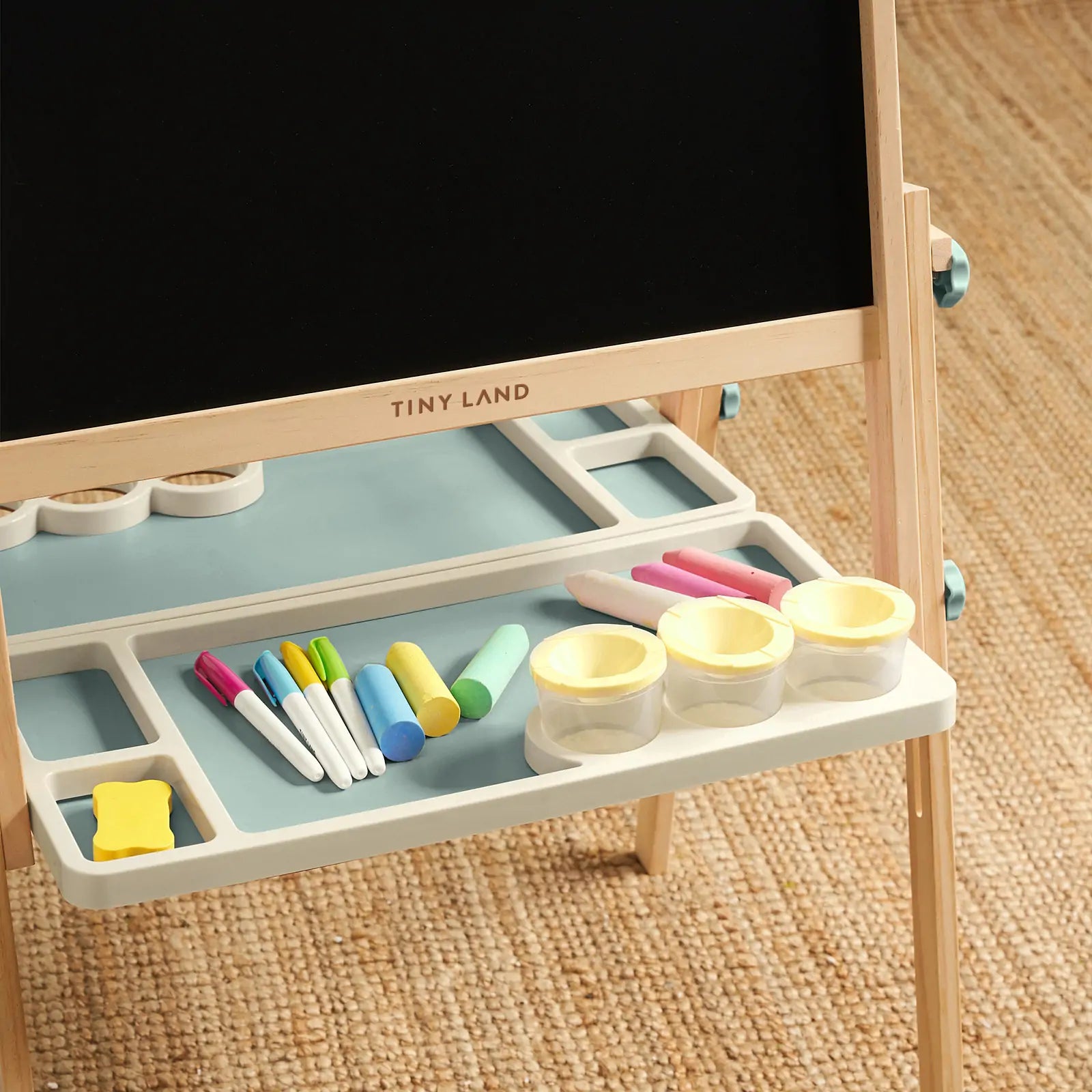 Tiny Land Pink Magnitales Kids Easel with blackboard, wood frame and tray filled with markers on Tampa Home & Garden Store