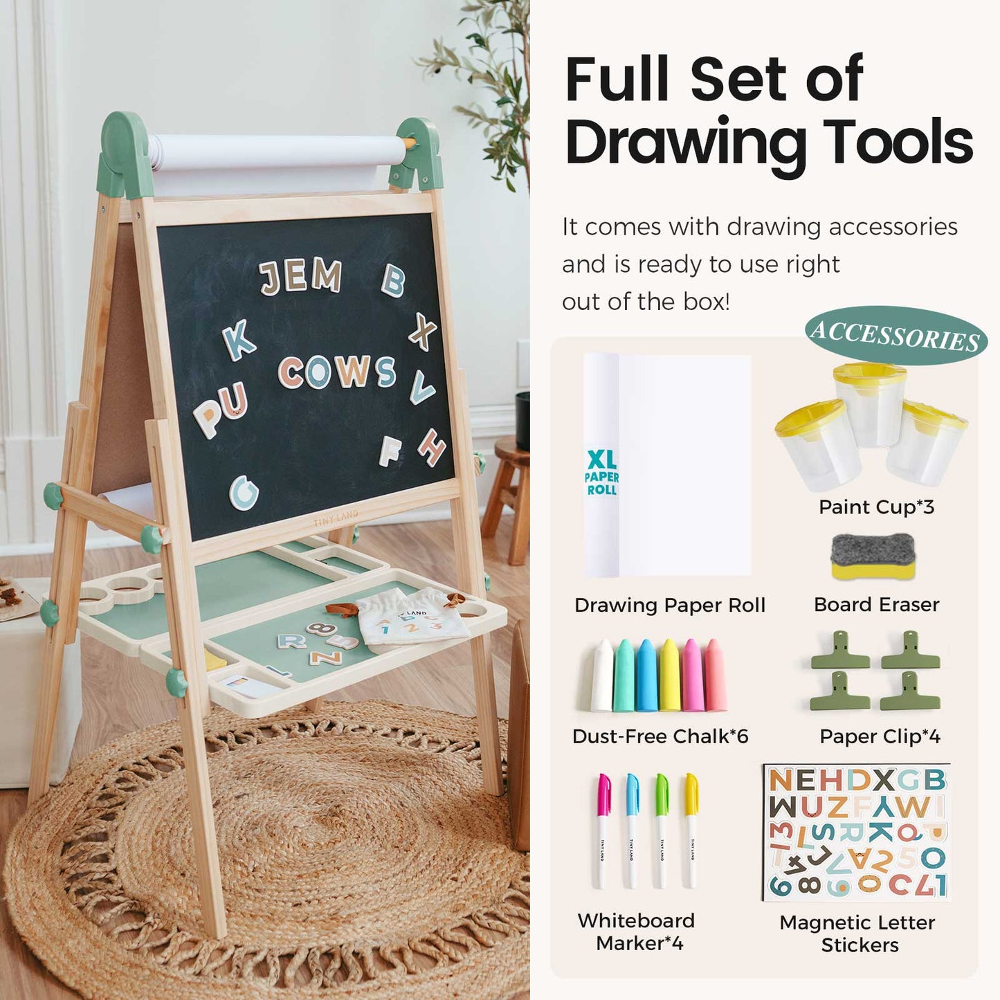 Tiny Land Pink Magnitales Easel with paper roll, wooden frame, green magnets on Tampa Home & Garden Store