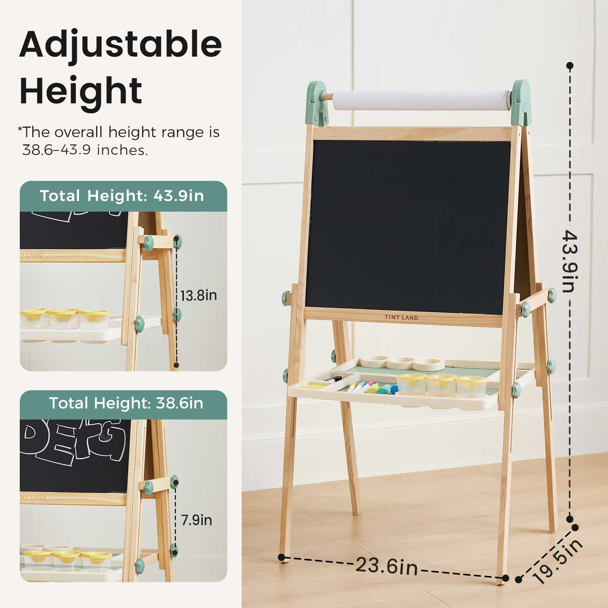Tiny Land Pink Magnitales Kids Easel with paper roll, chalkboard, wood frame, mint hardware on Tampa Home & Garden Store