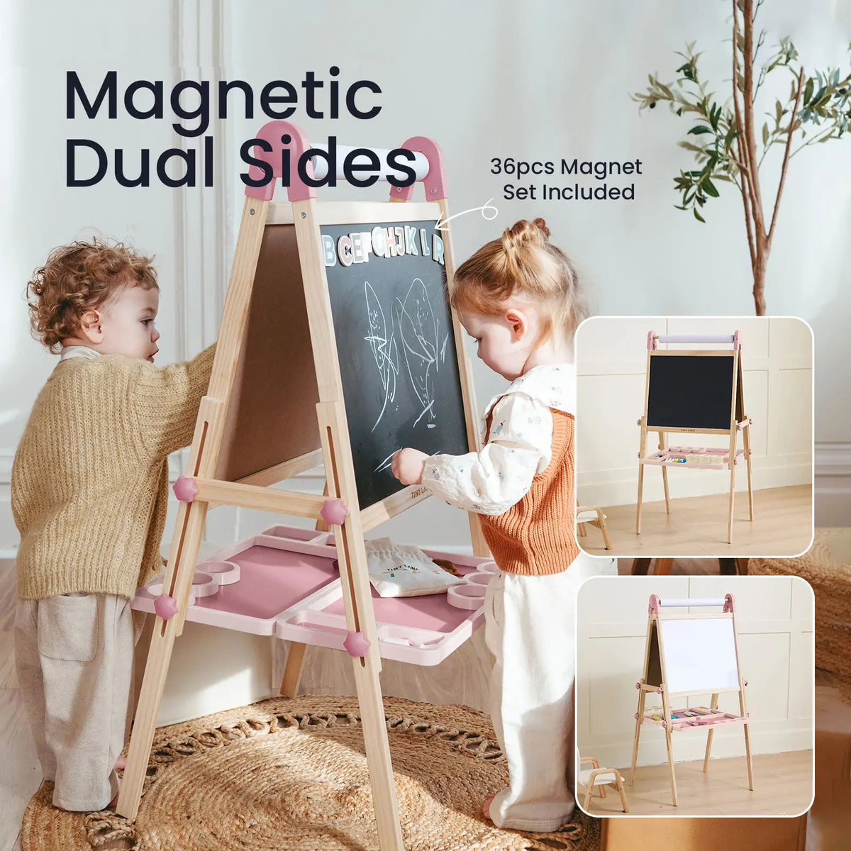 Tiny Land Pink Magnitales Easel with magnetic dual sides and paper roll tray 36 magnets included on Tampa Home & Garden Store