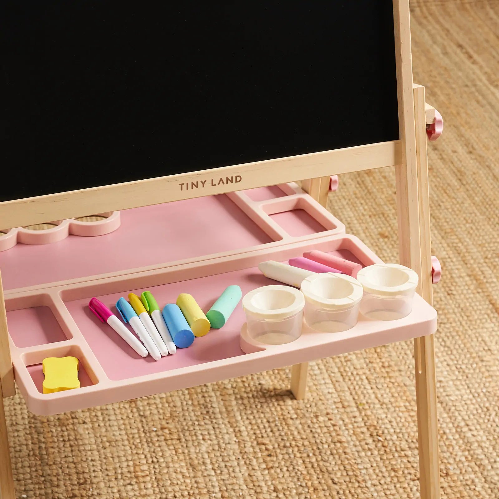 Tiny Land Pink Magnitales Kids Easel with blackboard, pink tray and paper roll, markers on Tampa Home & Garden Store