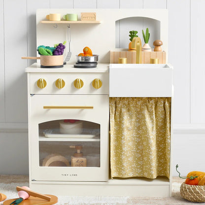 Tiny Land wooden play kitchen for toddlers Honey Kitchenette with stove, sink, gold knobs on Tampa Home & Garden Store