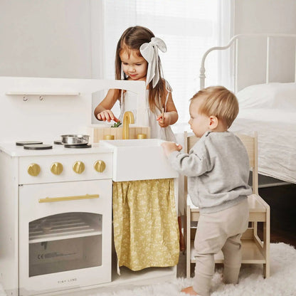 Tiny Land wooden play kitchen Honey Kitchenette for toddlers with gold knobs kids playing on Tampa Home & Garden Store