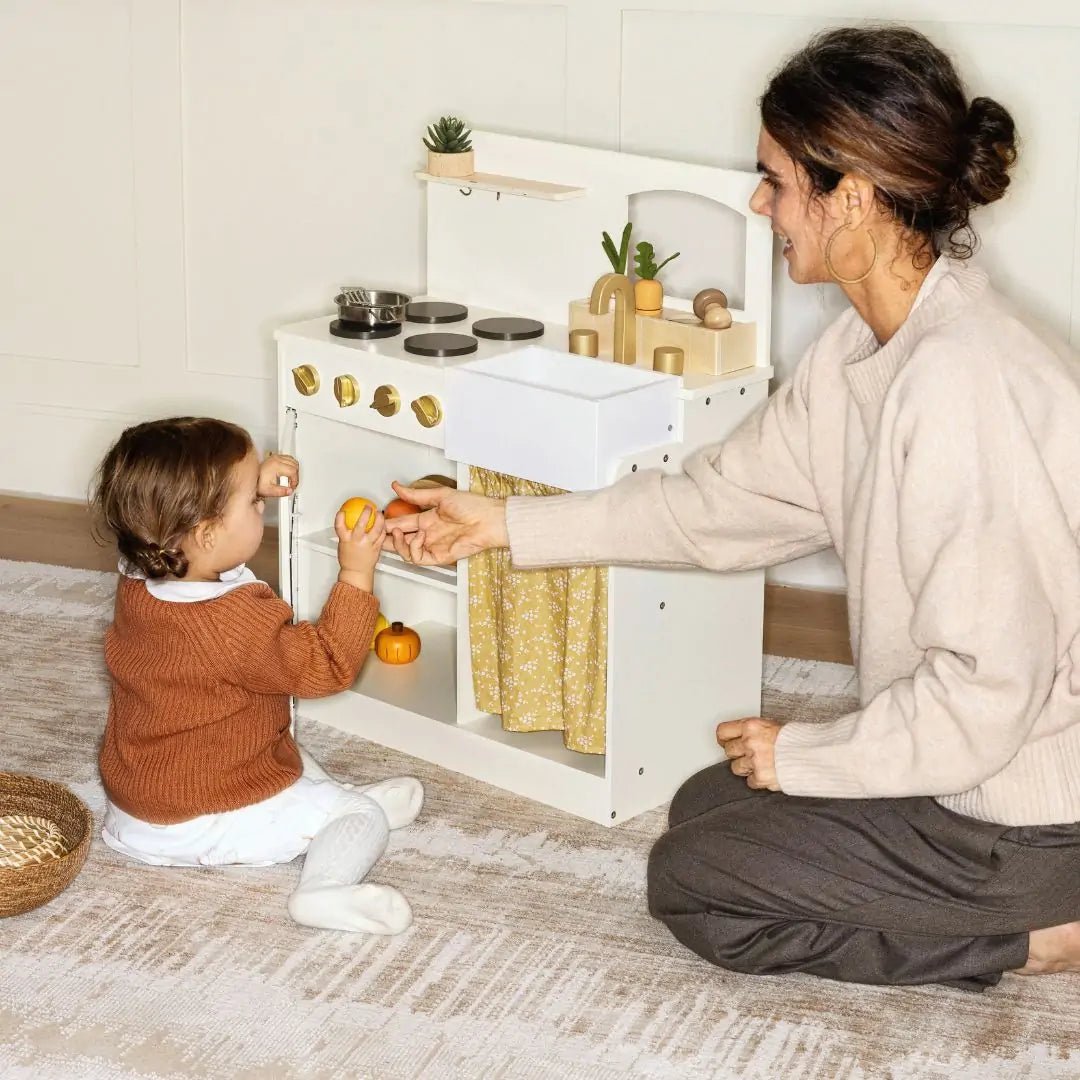Tiny Land wooden play kitchen for toddlers, white honey kitchenette with stove and sink on Tampa Home & Garden Store