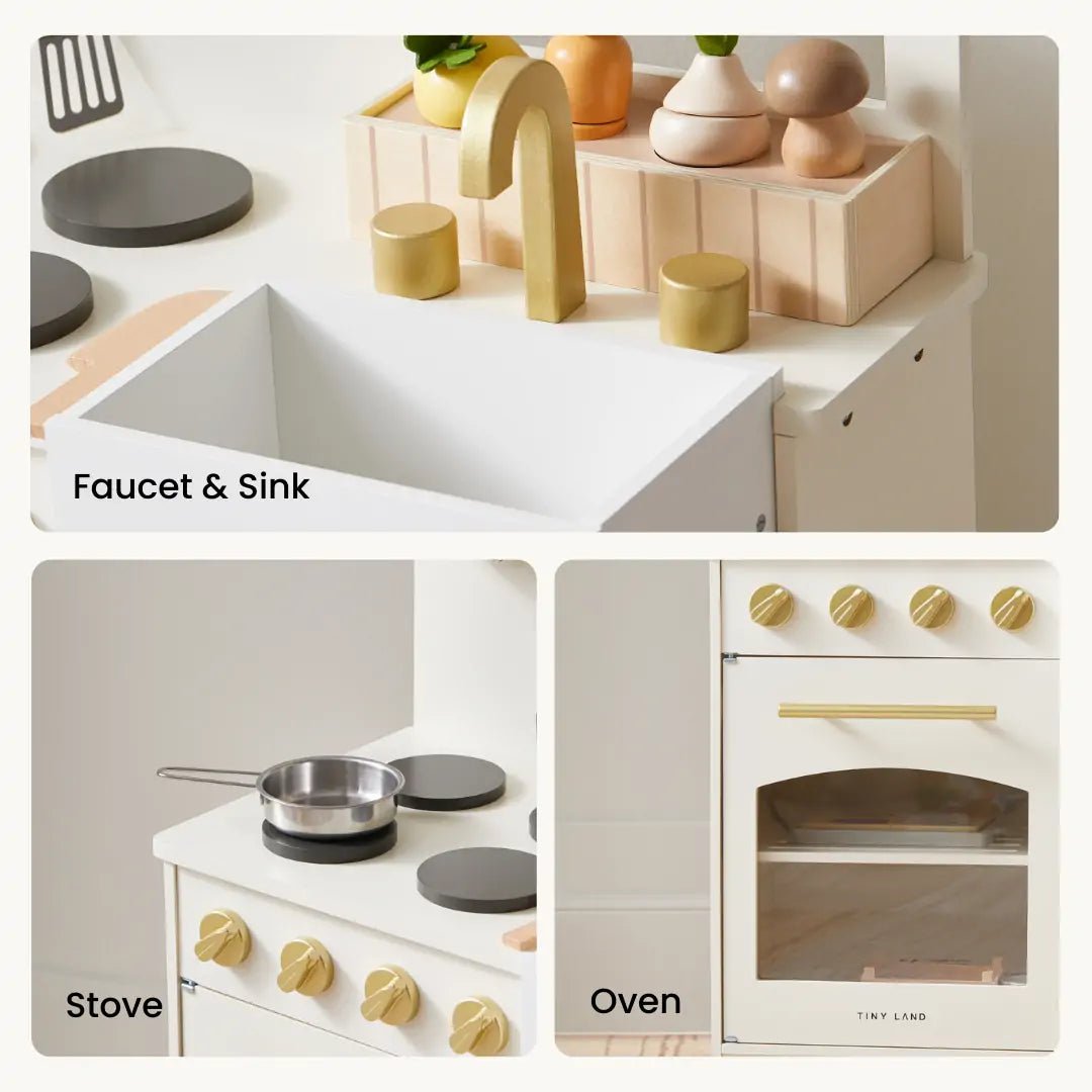Tiny Land wooden play kitchen honey kitchenette with faucet & sink, stove and oven on Tampa Home & Garden Store