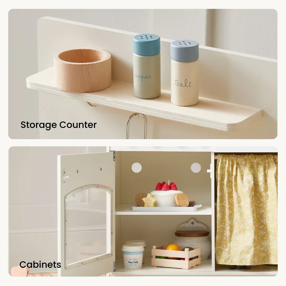 Tiny Land wooden play kitchen with storage counter and salt and pepper shakers open cabinet on Tampa Home & Garden Store