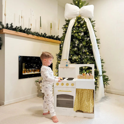 Tiny Land INC wooden play kitchen for toddlers, white with gold knobs and burners on Tampa Home & Garden Store