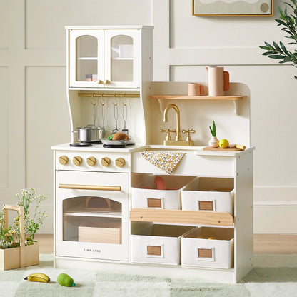 Tiny Land INC wooden play kitchen storage white cabinet brass faucet hanging utensils bins on Tampa Home & Garden Store