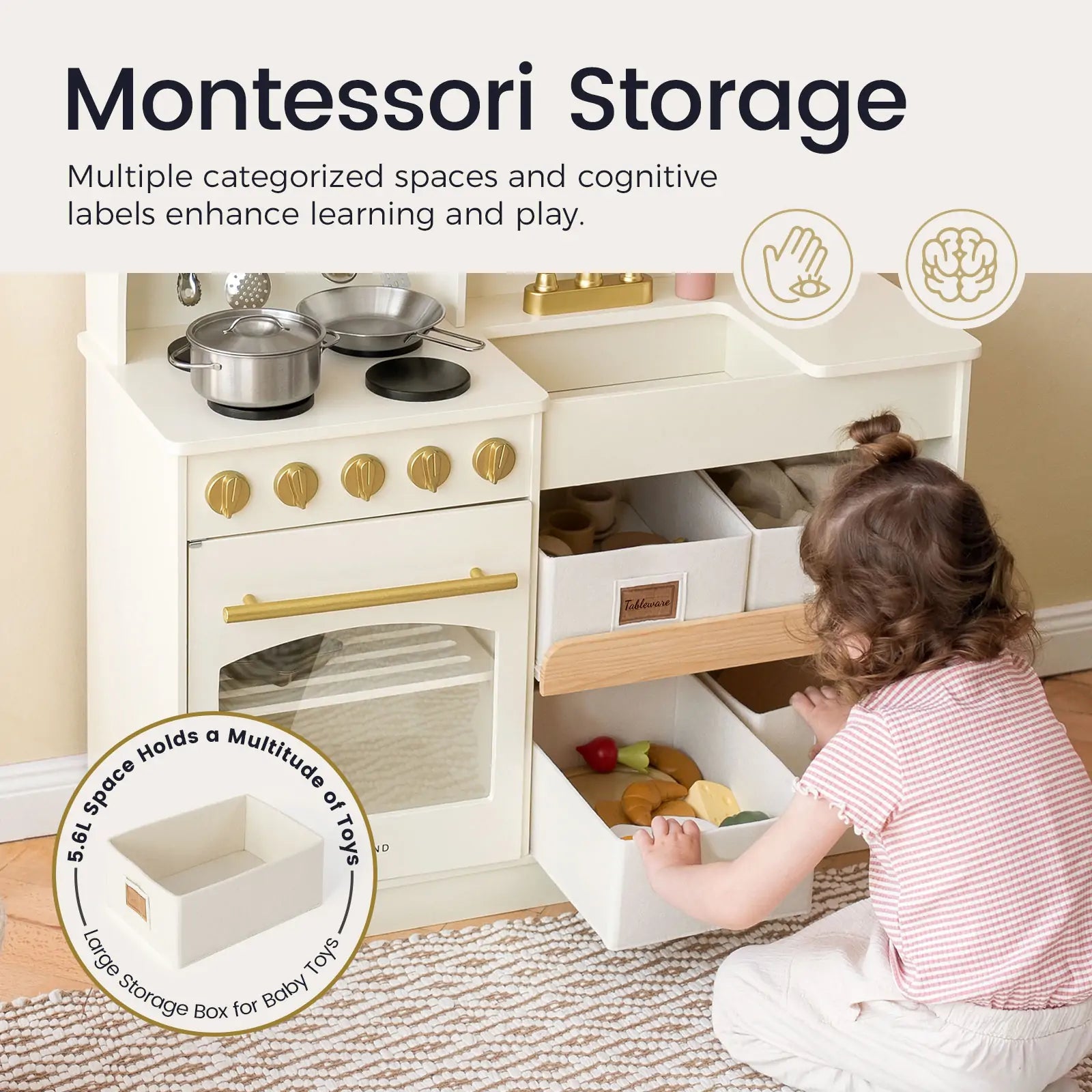 Tiny Land wooden play kitchen with storage, white finish and gold knobs on Tampa Home & Garden Store