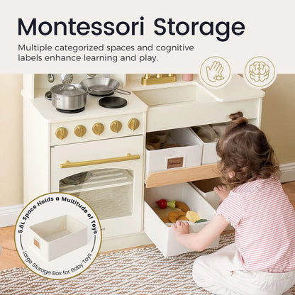 Tiny Land wooden play kitchen with storage, white finish and gold knobs on Tampa Home & Garden Store