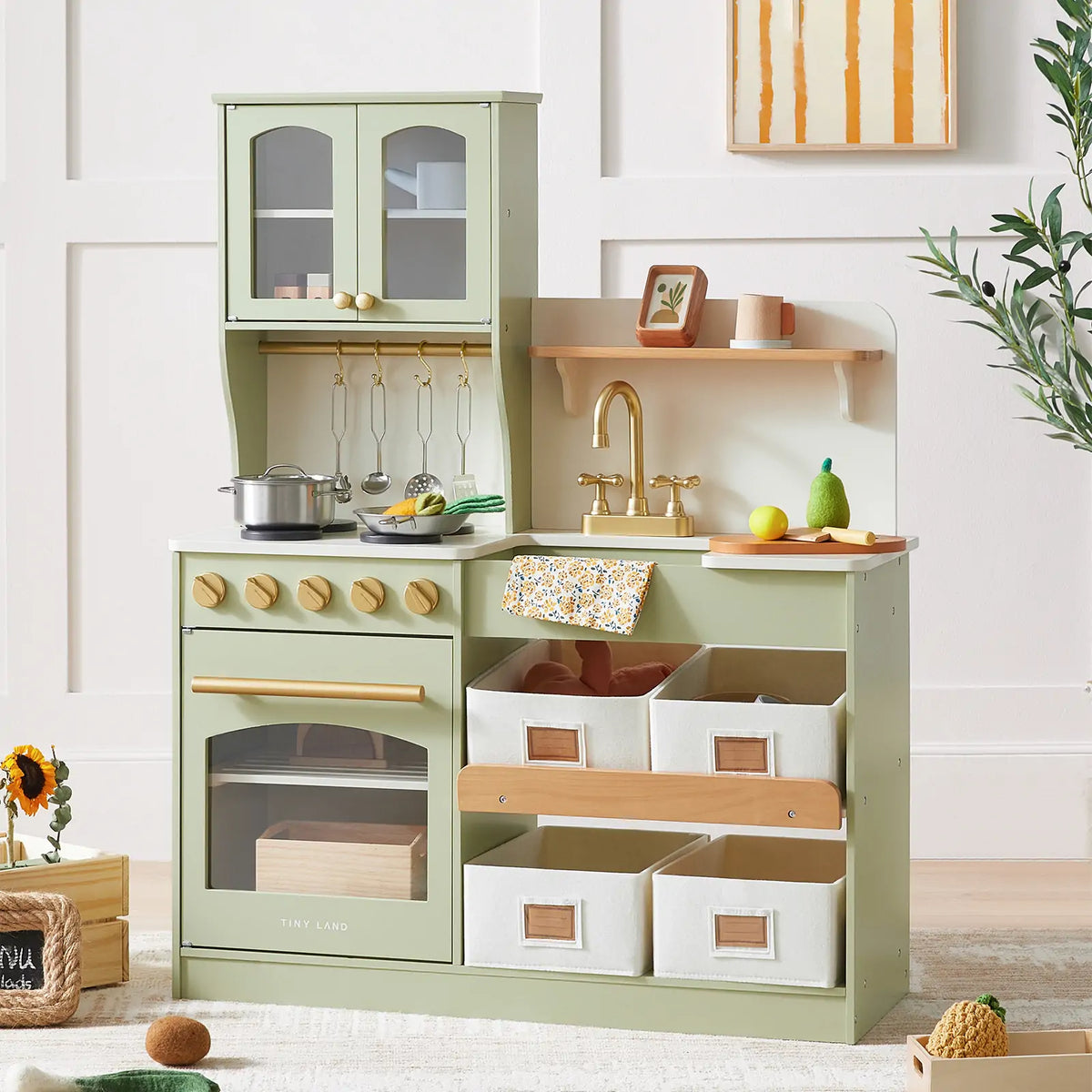 Tiny Land wooden play kitchen with storage in sage green, hanging rail and cabinet doors on Tampa Home & Garden Store