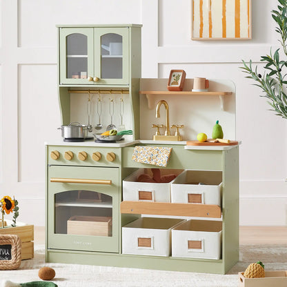Tiny Land wooden play kitchen with storage in sage green, hanging rail and cabinet doors on Tampa Home & Garden Store