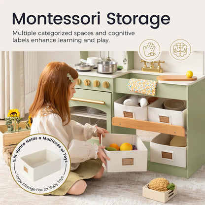 Tiny Land® Wooden Play Kitchen with Storage in green, child playing with bins and pretend fruit on Tampa Home & Garden Store