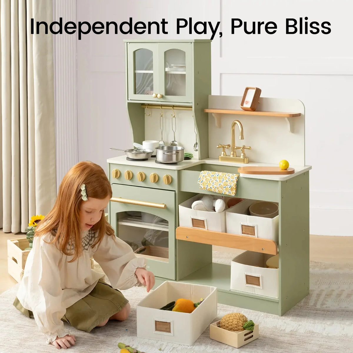Tiny Land INC wooden play kitchen with storage in sage green, includes pots and utensils on Tampa Home & Garden Store