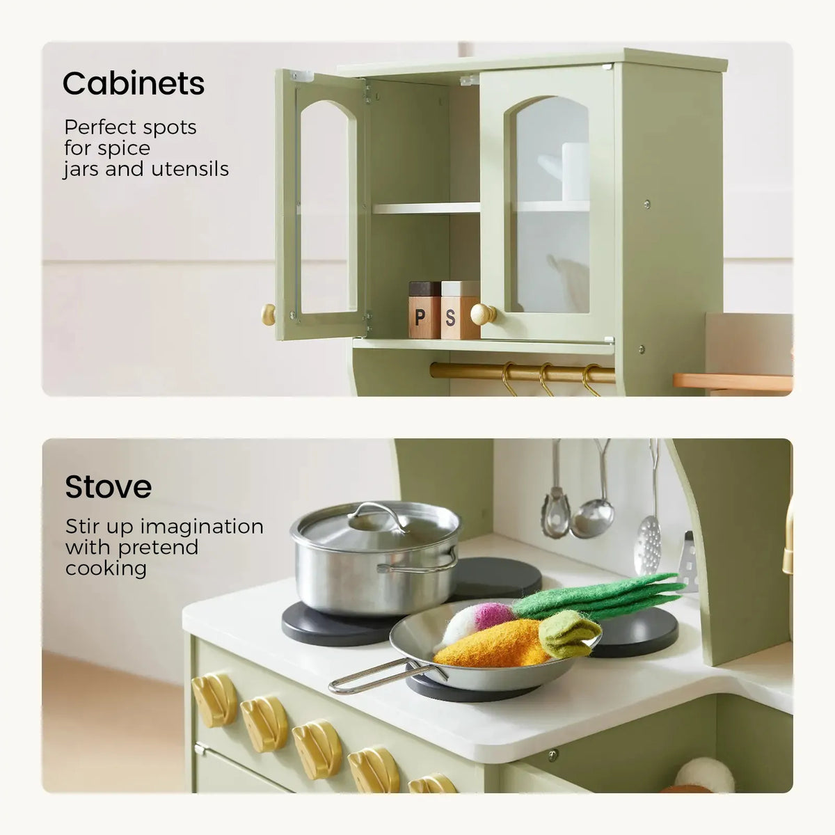 Tiny Land® wooden play kitchen with storage in sage green, yellow knob handles on Tampa Home & Garden Store