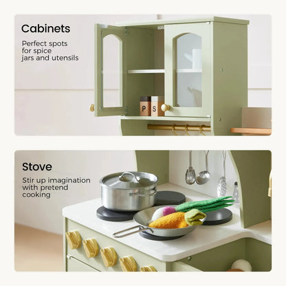 Tiny Land® wooden play kitchen with storage in sage green, yellow knob handles on Tampa Home & Garden Store