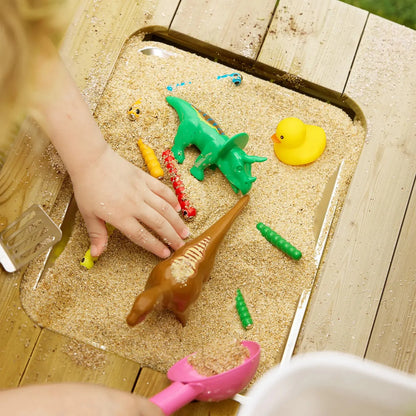 Tiny Land Mud Kitchen DuoPlay play kitchen in sandbox with dinosaur and yellow duck toys on Tampa Home & Garden Store