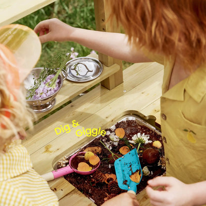 Tiny Land INC DuoPlay Mud Kitchen outdoor toy kitchen with wooden shelves and metal bowls on Tampa Home & Garden Store