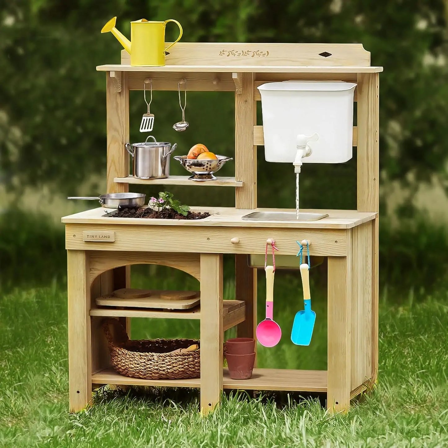 Tiny Land DuoPlay Mud Kitchen outdoor play kitchen in natural wood with sink, hanging utensils on Tampa Home & Garden Store