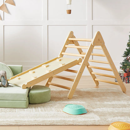 Tiny Land Pikler Triangle 7-in-1 Montessori climbing set in natural wood with logo on Tampa Home & Garden Store