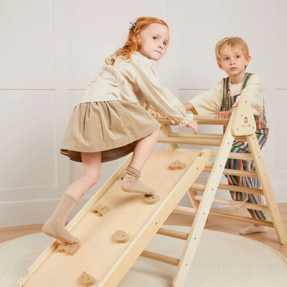 Pikler Triangle 7-in-1 Montessori climbing set by Tiny Land INC in natural wood with kids on Tampa Home & Garden Store