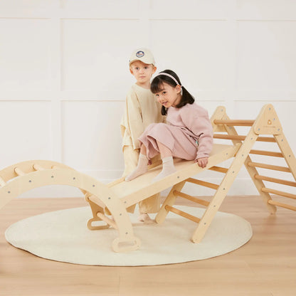 Tiny Land Pikler Triangle 7-in-1 Montessori climbing set wooden frame with two children on Tampa Home & Garden Store