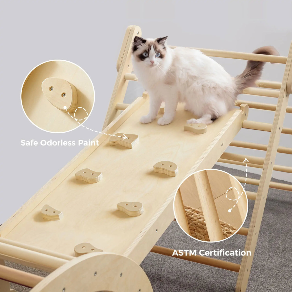 Tiny Land INC 7-in-1 Montessori climbing set with play pad, natural wood finish on Tampa Home & Garden Store